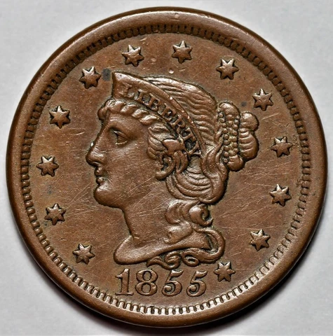 1855 Braided Hair Liberty Head Large Cent - Knob On Ear - Scratches - 1c Penny Cover