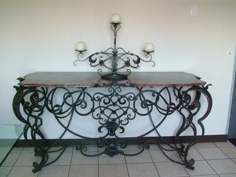 Custom wrought iron Victorian style console table with Italian marble top Cover