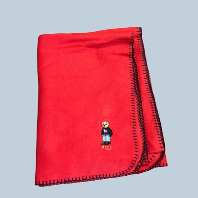 Ralph Lauren Home Red Fleece Throw Blanket Embroidered Polo Teddy Bear 90s - Image 1 of 4