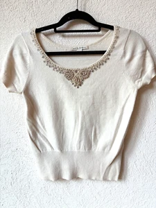 Maglione elegante Ann Taylor piccolo panna perline manica corta cotone pelo di coniglio - Foto 1 di 15
