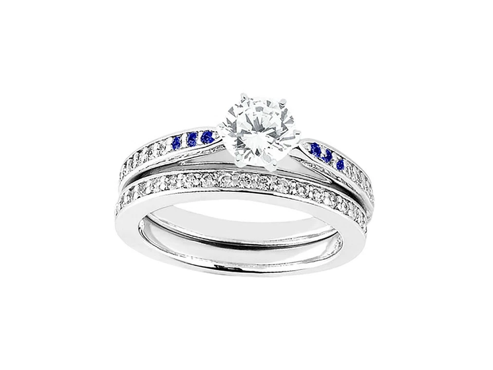 0.65Ct Round Diamond Sapphire Engagement Ring Wedding Band Set 925 Silver — 第 1/1 张图片