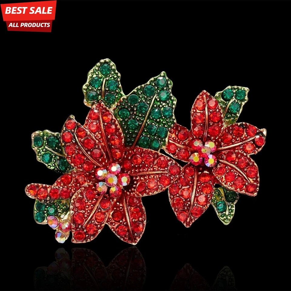 Poinsettias Christmas Crystal Rhinestone Brooch Pin / Pendant Gold Bag- - Image 1 of 4