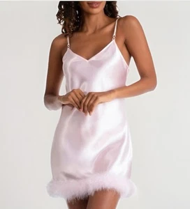 in bloom by jonquil Hope Faux Feather Trim Satin Chemise Powder Puff Pink Small - Picture 1 of 11