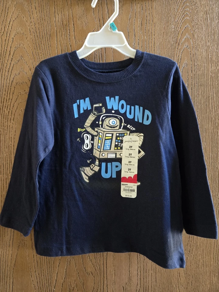 NUEVO CON ETIQUETAS Talla 3T Jumping Beans I'm Wound Up Robot Camisa Azul Marino Manga Larga Foto 1 de 2