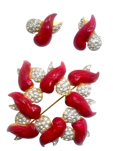 Vintage Fuchsia emailliert Mimi di N riesige Strass Einsatz Brosche & Ohrringe - Bild 1 von 3