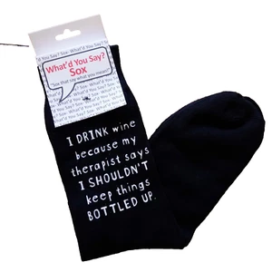 Foozys Graphic Funny Black Socks Wine Is My Therapy Sarcasm Unisex One Size - Picture 1 of 3