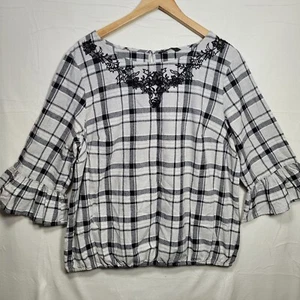George 3/4 Sleeve Blouse Women Size 20 Grey Check Crochet Bell Ladies Top - Picture 1 of 9