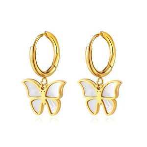 Fashion Gold Stainless Steel With White Pearl Oysters Butterfly Earring Women - Picture 1 of 8