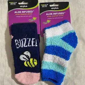 AirPlus Fuzzy Socks Aloe Infused Ultra Comfort 2 Pk Bee Buzzed Stripe - Picture 1 of 6