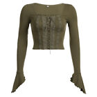 Square Collar Shirtvintage Long Sleeve Lace Patchwork Bandage Cropped Tops