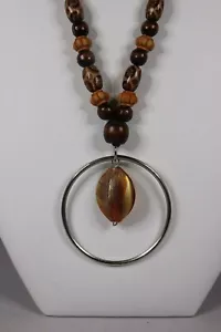 Holz/Perlenkette am Band mit Akzent große Perle im großen Ring - Bild 1 von 6