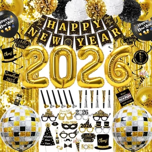 Silvester Party Deko 2026 schwarz gold, Happy New Year Partyzubehör,  - Bild 1 von 7