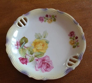 Antique Porcelain Pink & Yellow Rose Handled Serving Plate PK Silesia 9 1/4" - Picture 1 of 12
