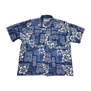 VTG Point Zero Tribal Hawaiian Floral Button Down Shirt Size L Blue - Picture 1 of 6