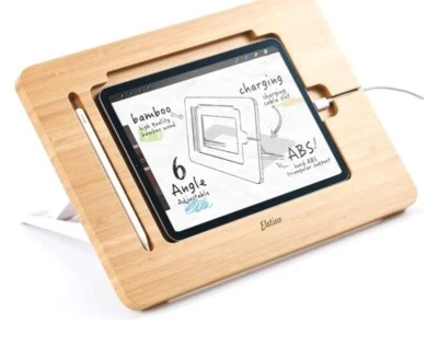  Soporte para iPad de dibujo de madera de bambú con ranura para lápiz y cable cargador Foto 1 de 4