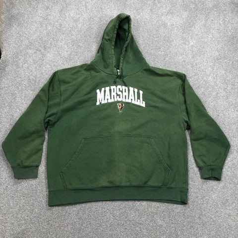 Vintage Marshall Thundering Herd Hoodie Men 2XL Green Sweatshirt Hood Faded Out Cover