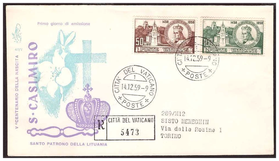 FDC Venetia Club Vatican 1959 - San Casimir Viaggiata Racc - Image 1 of 1