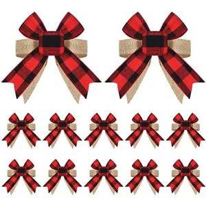 12 Pieces Buffalo Plaid Burlap Bows Christmas Wreath Bow Rustic Tree Topper C... - Picture 1 of 7