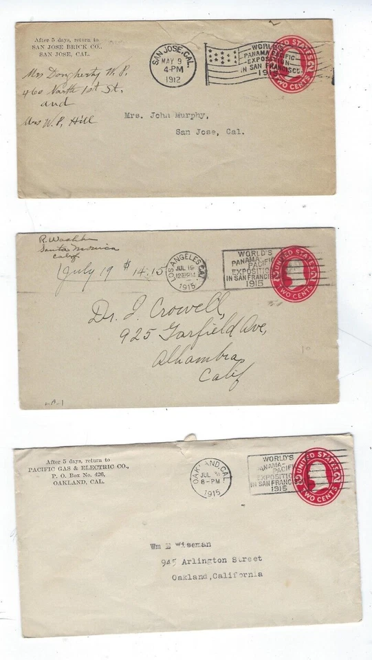 Three 1912-15 Panama California Expo Slogans, San Jose, Oakland, Los Angeles - Image 1 of 1