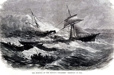 Burning of the Havana Steamship 1872 MISSOURI ARNS AT SEA impresión Harper enmarañada Foto 1 de 4