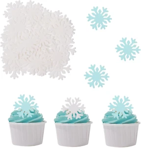 50PCS Edible Snowflakes Cupcake Toppers Blue&White Snowflakes Frozen Cake Decora - Picture 1 of 6