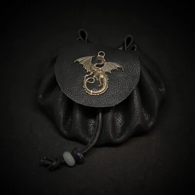 Handmade Leather Dragon Dice Bag Black for 5-6 Sets of Dice DND RPG Accessory - Image 1 of 4