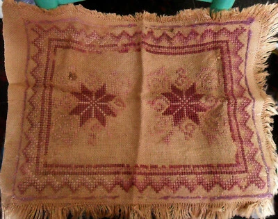 Vintage Woven Linen? TABLE RUNNER or FABRIC, Purple Old Rose Embroideries, Stars - Image 1 of 4
