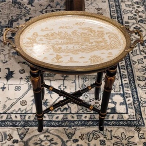 WILLOW VILLAGE PORCELAIN TRAY TABLE WITH WOOD STAND (REMOVABLE)- 20'' X 21''H - Picture 1 of 8