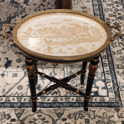 WILLOW VILLAGE PORCELAIN TRAY TABLE WITH WOOD STAND (REMOVABLE)- 20'' X 21''H - Image 1 of 4