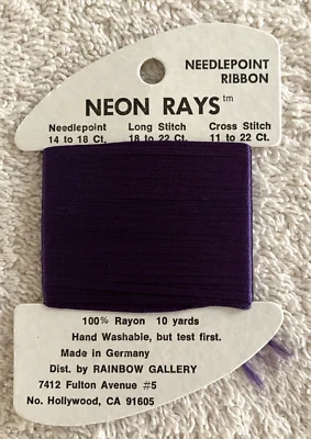 Rainbow Gallery Neon Rays Needlepoint Ribbon Rayon 1 Card 10 yards Purple - Image 1 of 4