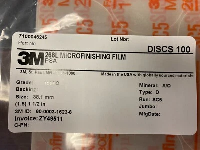 Disco de película PSA de microacabado 3M™ 268L, 15 micrófonos, 1-1/2", tipo D, sin orificio, caja 2000 Foto 1 de 3