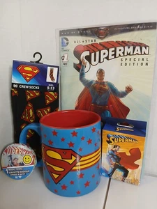 Superman 20oz Coffee Mug Stars, Blue, w/ Socks 9-12, Cards, Towel & Comic - Picture 1 of 12