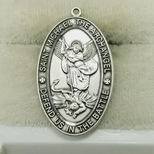 Vintage HMH Sterling Silver Saint Michael Pendant Charm Medal Oval 1 1/4 Inch - Picture 1 of 10