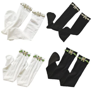 Women Striped Knee High Socks Preppy Style Colored Crystal Thin Stockings - Picture 1 of 12