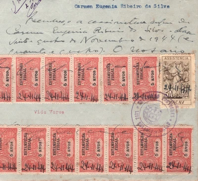 Teléfonos MACAU WW2 Ingresos REPUJADO 30a Die Documento 1944 5a Fiscal Strip MA61 Foto 1 de 4