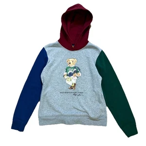 Ralph Lauren Polo Bear Hoodie Youth Kids Boys Large Grey Colorblock Rare School - Picture 1 of 14