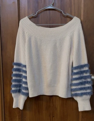 NWOT Charisma Cream Knit Sweater, Blue Fur Striped Balloon Sleeves Oversized S - Image 1 of 4