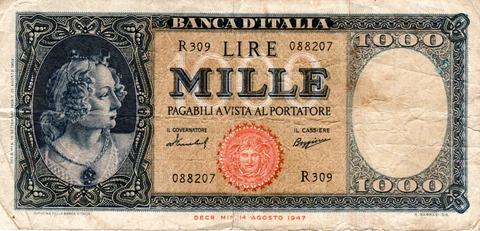 Italy 1000 Lire 1947/1959 F/VF with margin tears Banknote P-88 Paper Money Cover