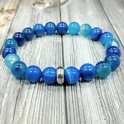 Pulsera para hombre 8"L ACERO INOXIDABLE 10mm rayas azules ágata piedras preciosas cuentas Foto 1 de 4