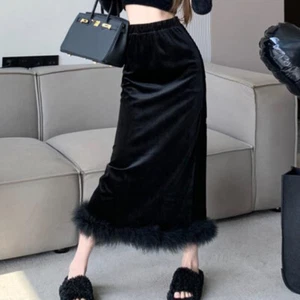Lady Long Velvet Skirt Faux Fur Trim High Elastic Waist Bodycon Party Casual - Picture 1 of 7