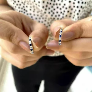 0.60 CT Round Cut Certified Lab Grown Diamond & Sapphire Hoop Earrings 10k Gold - Picture 1 of 7