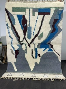 Modern Abstract Moroccan Wool Rug - green, White & orange Art Deco Design - Picture 1 of 8