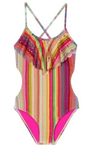 NWT Pilyq 2 Girls Retro Stripe Laser Cut Out 1PC Swimsuit 98342 - Picture 1 of 3