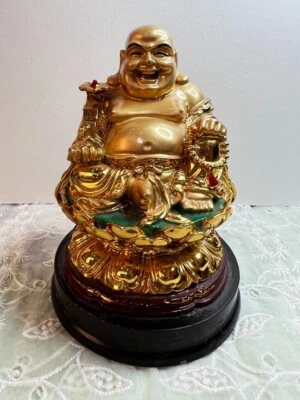 Laughing Buddha Seated Gold Wooden Base 6" Tall - Image 1 of 4