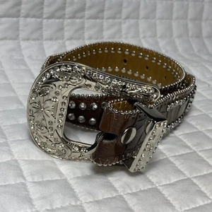 NOCONA Belt Girls Scalloped Brown Croc Silver Rhinestones Western Measures 27” - Picture 1 of 14