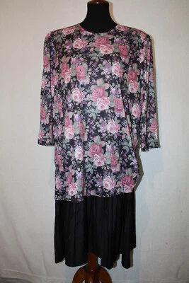 De Colección Ropa Clásica 20W Negro Rosa Rosas Plisado Túnica Midi Vestido Almohadillas para el Hombro Foto 1 de 4