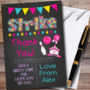 Pink Girls Bowling Chalk Personalised Party Thank You Cards - Picture 1 of 1