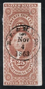 US Sc R50a Red 25¢ Warehouse Nov 3, 1863 Circular Handstamp Cancel - Picture 1 of 1