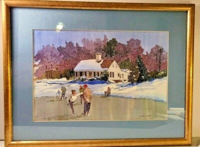 Винтажный набор из 3 принтов в деревянной рамке «У пруда лошади», зимние сцены 12,5 x 7,5 дюйма - Изображение 1 из 4