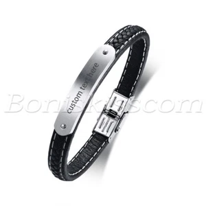 Personalized Men's Briaded Leather Stainless Steel Custom Bangle Bracelet Cuff - Picture 1 of 7